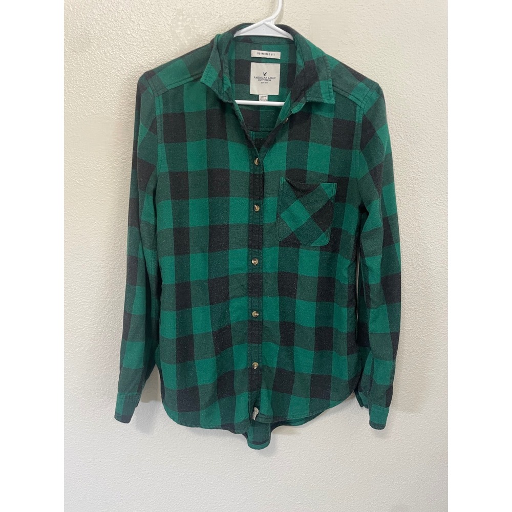 American Eagle Flannel Shirt Womens S Green Black Excellent Buffalo Plaid Top